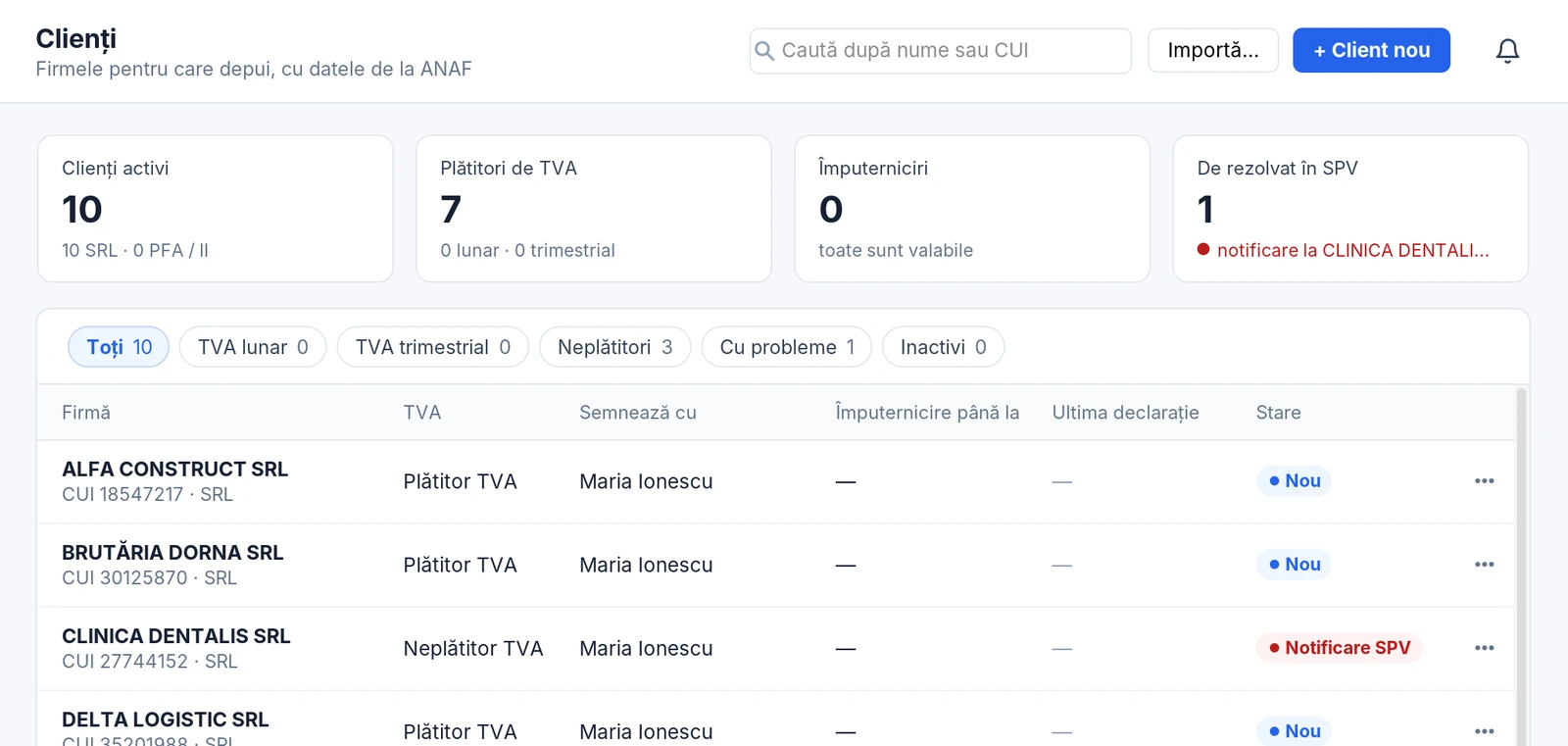 Registrul clienților cu datele ANAF